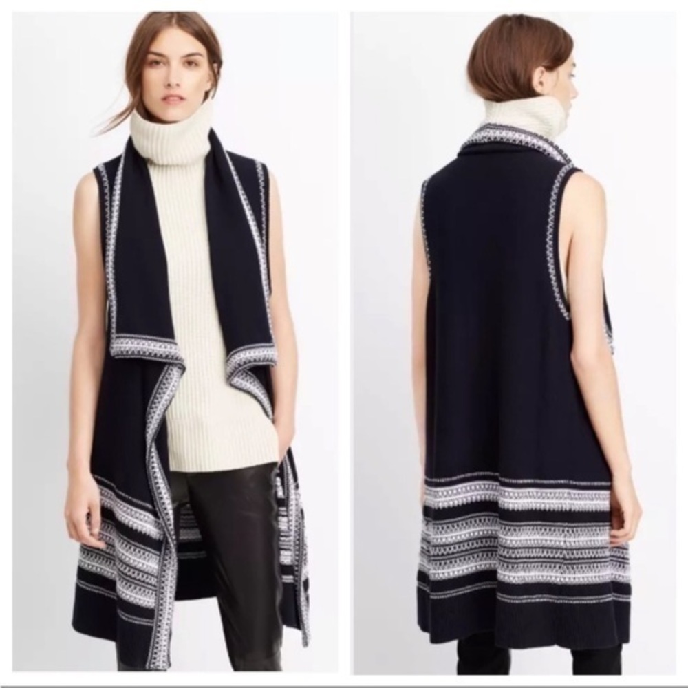 Vince Navy and White Patterned Open Front Sleeveless Cardigan